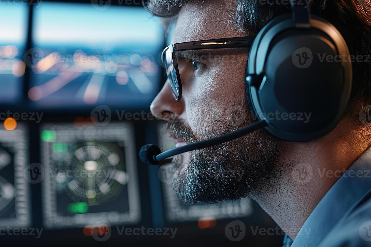 A flight controller wears a headset and focuses intently on multiple radar screens, overseeing aircraft movements from a high-tech control tower during peak airport activity photo
