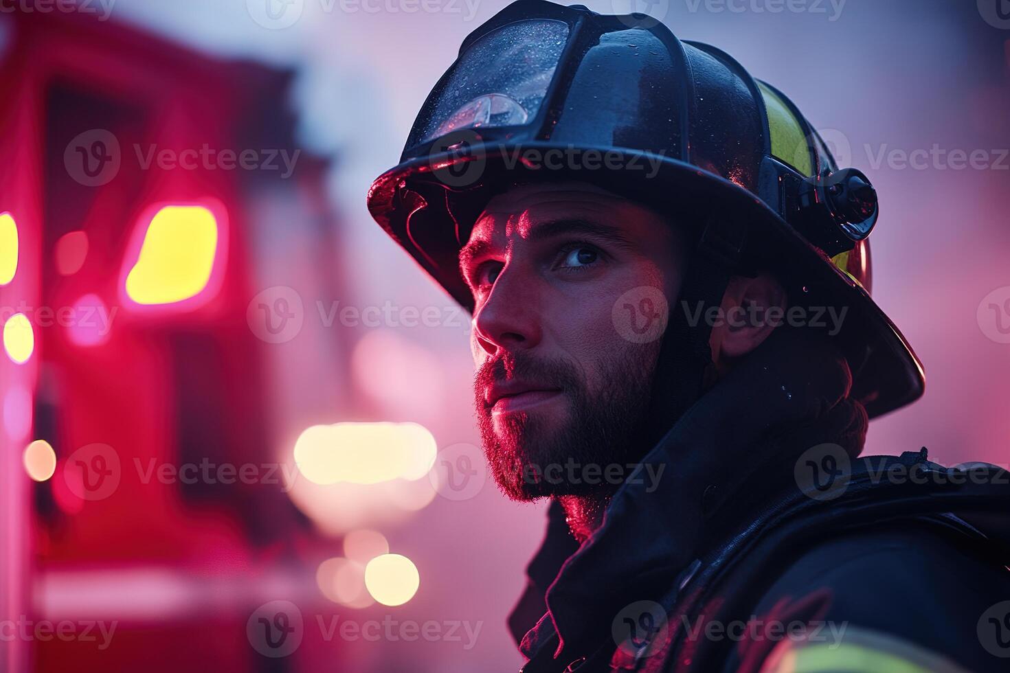 A courageous firefighter stands confidently in full protective gear next to a bright red fire truck as smoke billows in the background and emergency lights flash, embodying bravery and readiness photo