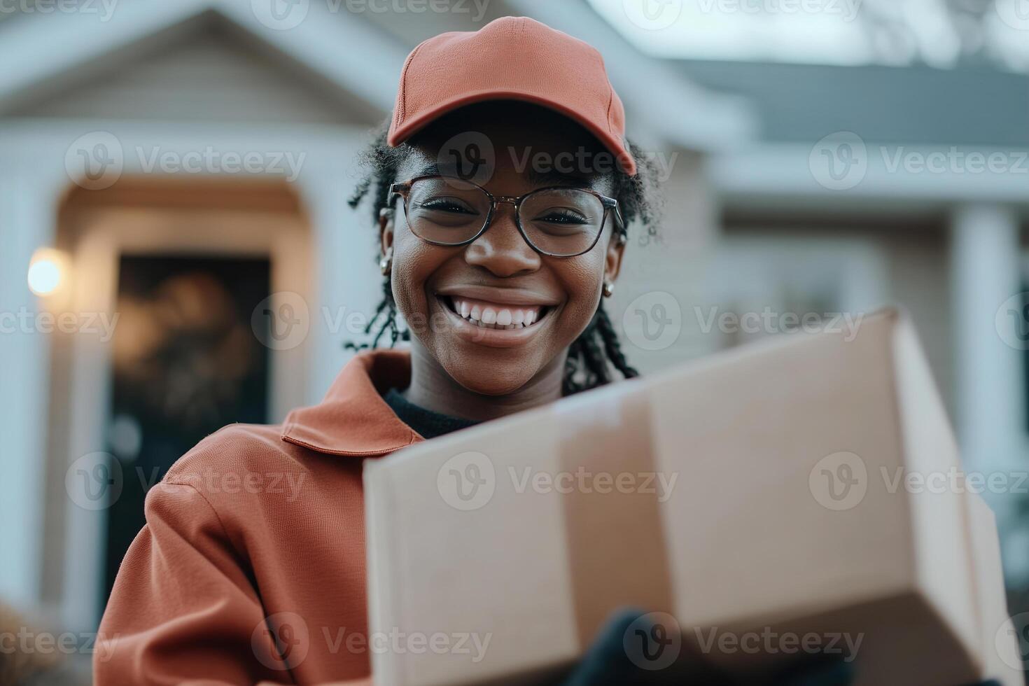 A delivery person in a bright uniform cheerfully hands a package to a satisfied customer at their doorstep. The suburban home backdrop creates a welcoming atmosphere photo