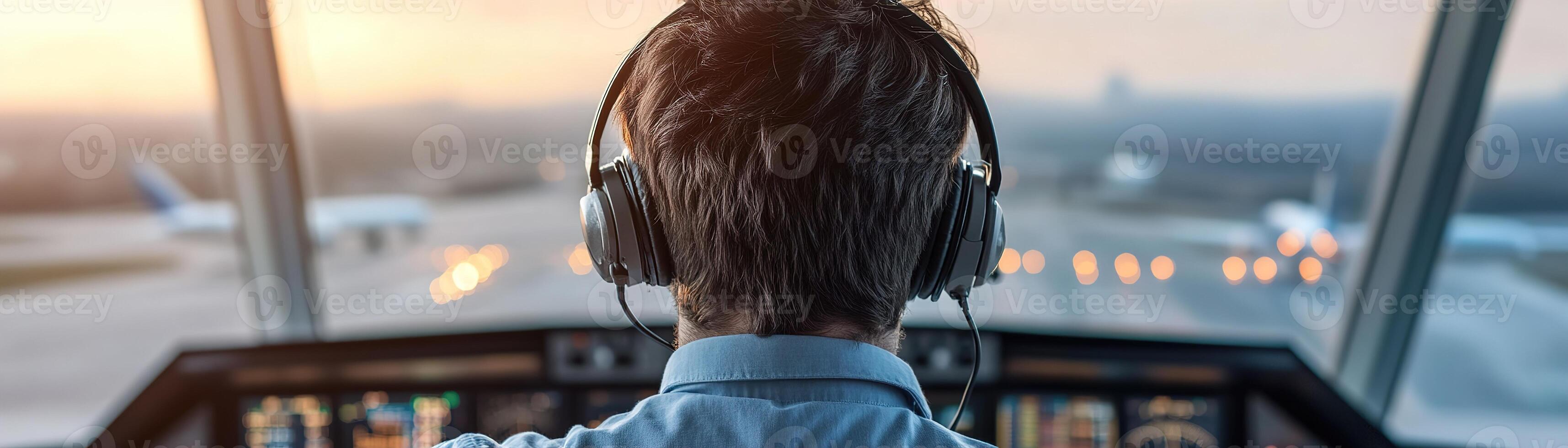 Focused flight controller wearing a headset monitors multiple radar screens in a high-tech air traffic control tower as planes taxi outside the panoramic windows during daytime operations photo