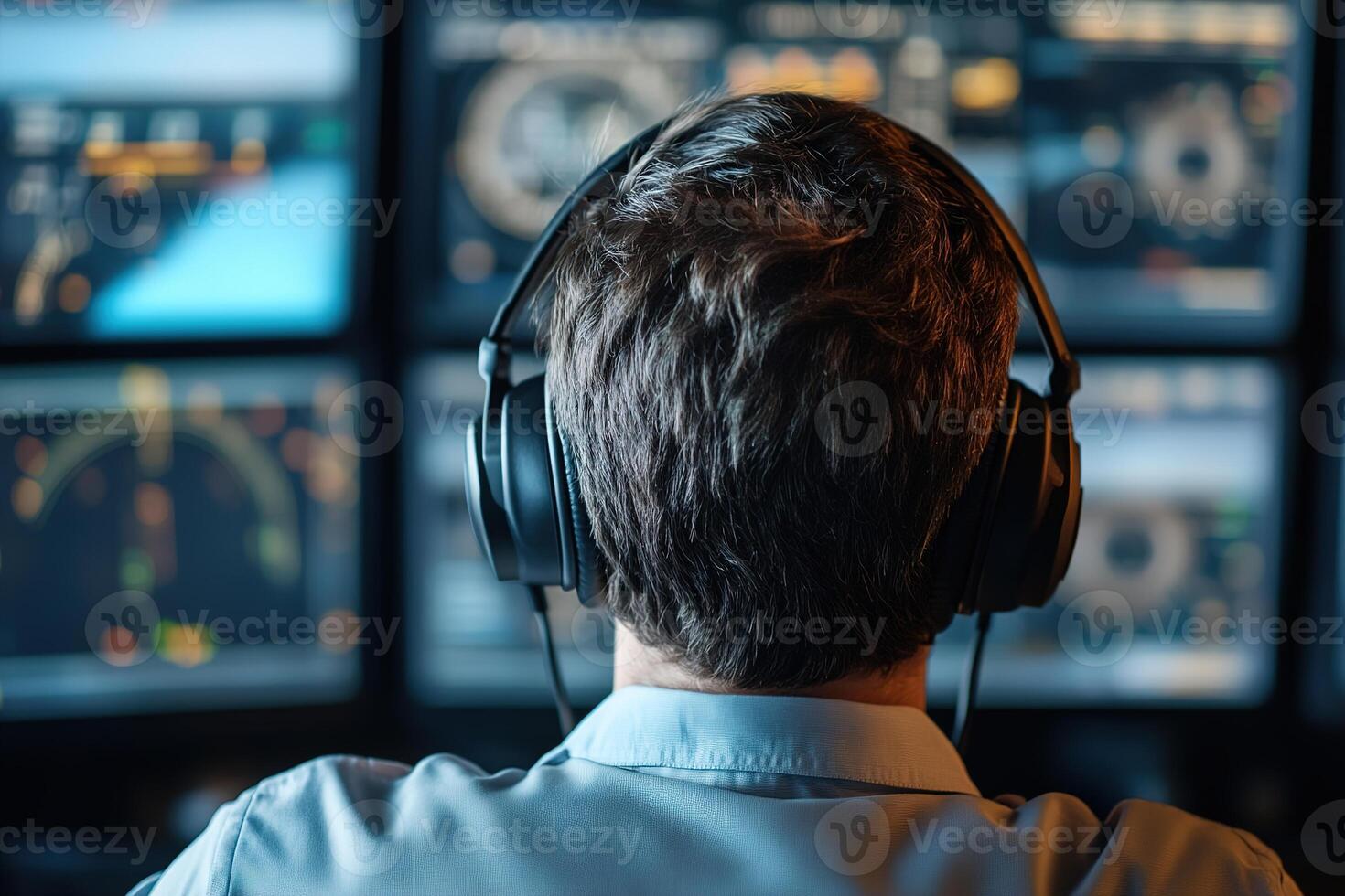 Flight controller wears a headset while closely monitoring multiple radar screens in a modern air traffic control tower. Planes can be seen taxiing through the panoramic windows photo