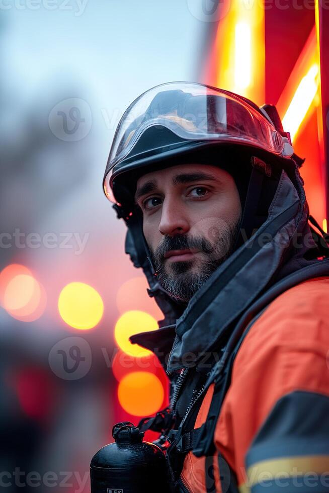 A firefighter stands confidently in full protective gear next to a bright red fire truck. In the background, emergency lights flash while smoke billows in the distance photo