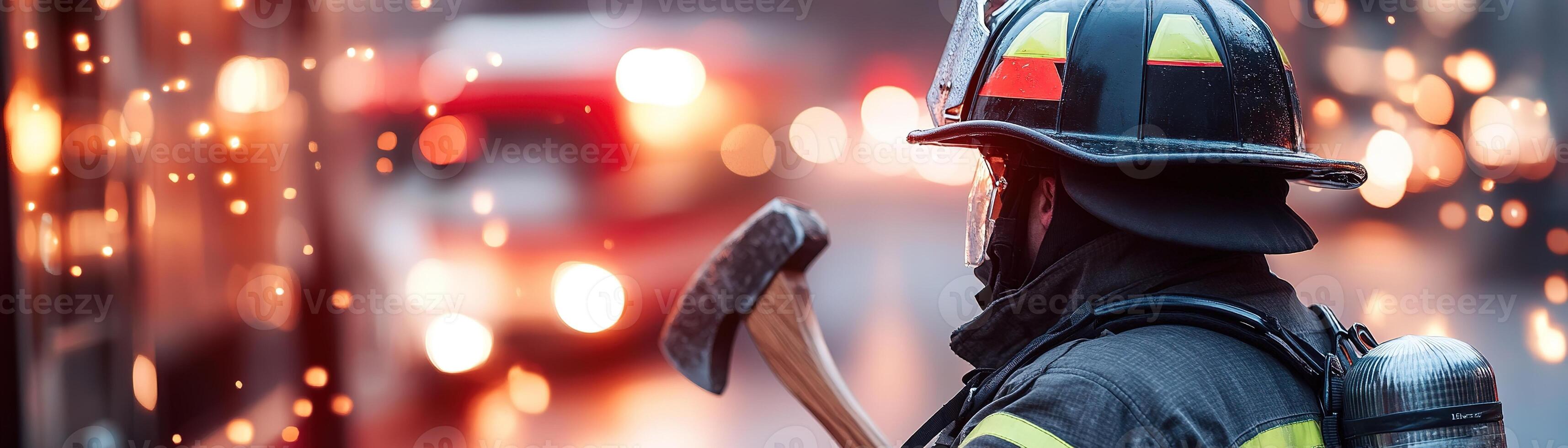 Firefighter stands confidently in full gear, gripping a rescue axe as smoke lingers in the air. Emergency lights illuminate the scene, highlighting the urgency of the moment photo