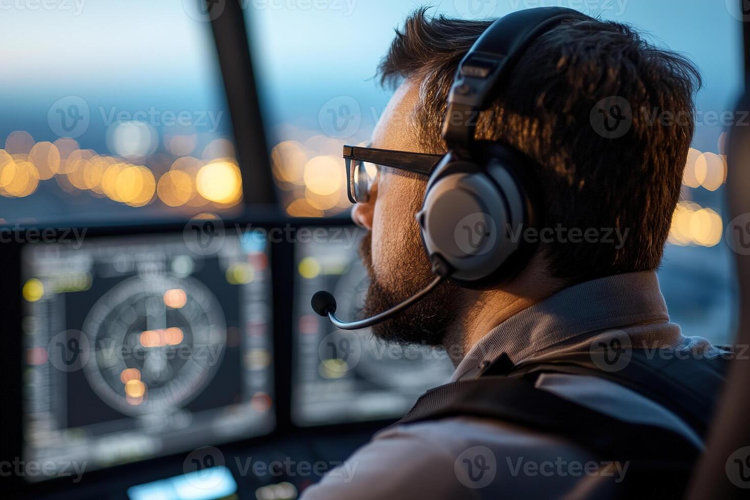 A flight controller wearing a headset monitors multiple radar screens in a high-tech air traffic control tower. The panoramic windows reveal planes taxiing in the background photo