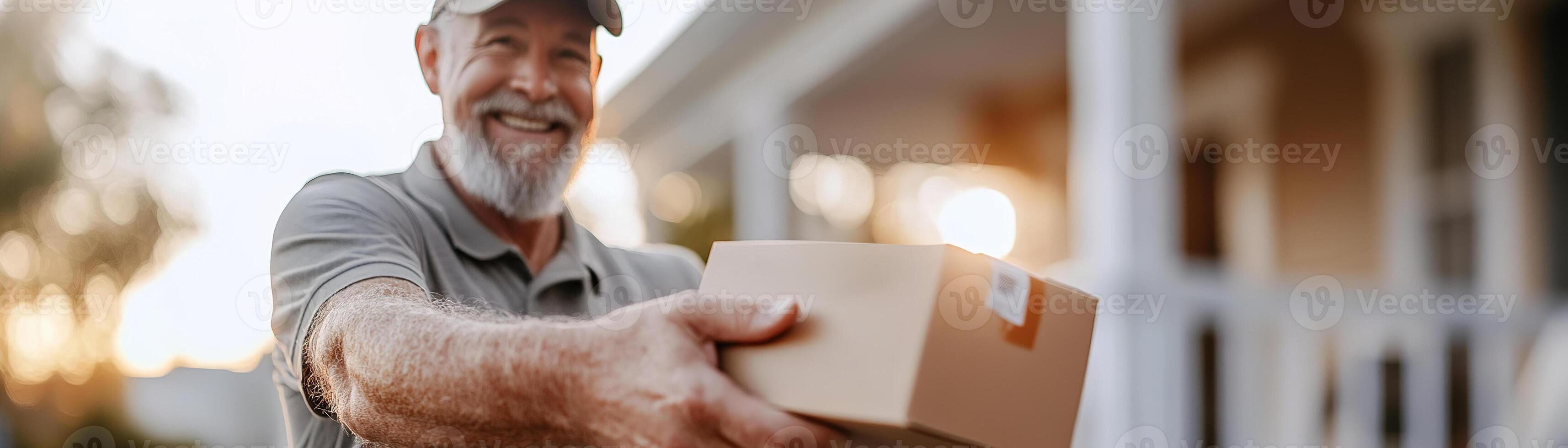 A cheerful delivery person in uniform hands a package to a satisfied customer at their doorstep in a suburban setting during a sunny evening. The atmosphere is friendly and efficient photo