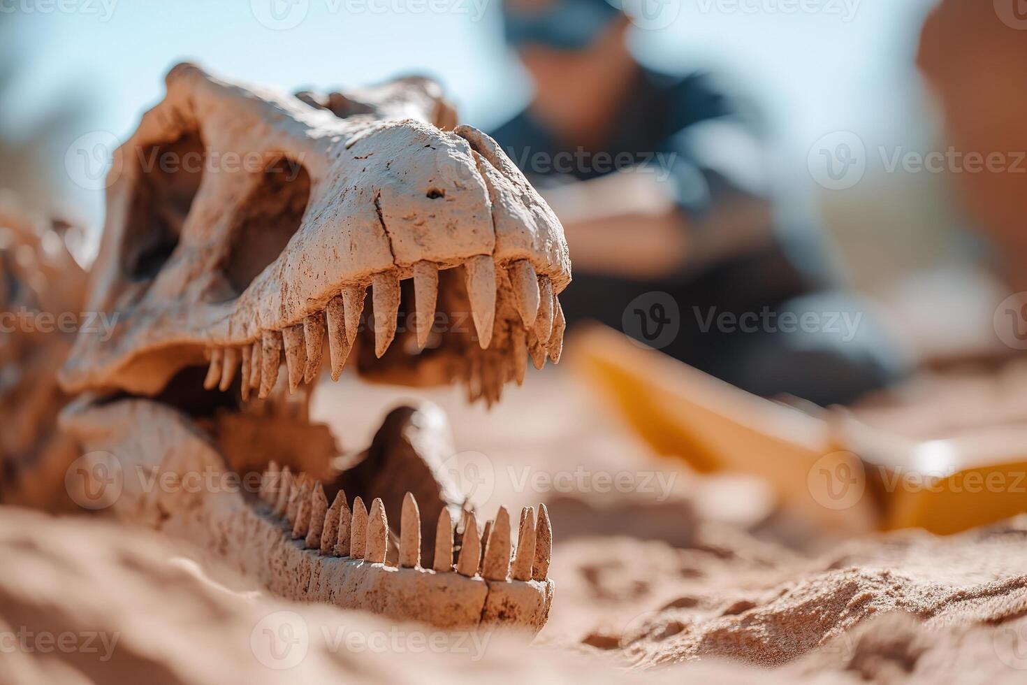 In a vast desert, a paleontologist studies a large dinosaur skull emerging from the sand. Nearby excavation tools highlight an active dig site rich in history and discovery photo