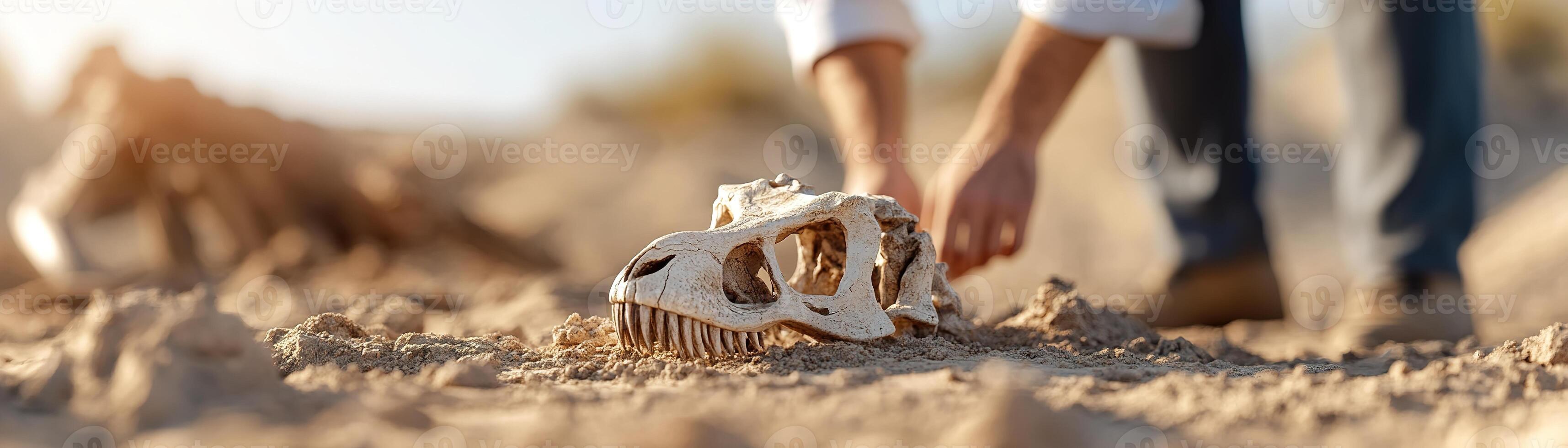 In a sunlit desert, a paleontologist examines a large dinosaur skull partially buried in the sand while surrounded by excavation tools and fossils, revealing a historic dig site photo