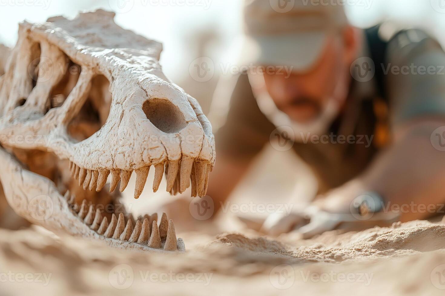 A paleontologist examines a large dinosaur skull partially buried in desert sand, surrounded by tools and an active dig site, capturing a moment of discovery photo