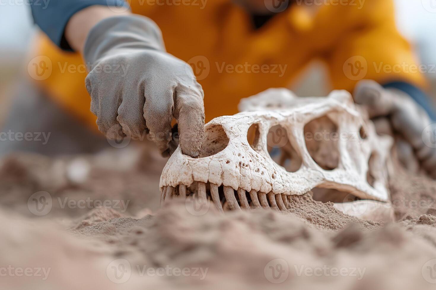 In a vast desert, a paleontologist meticulously examines a large dinosaur skull partially buried in the sand, surrounded by excavation tools and a historical atmosphere photo
