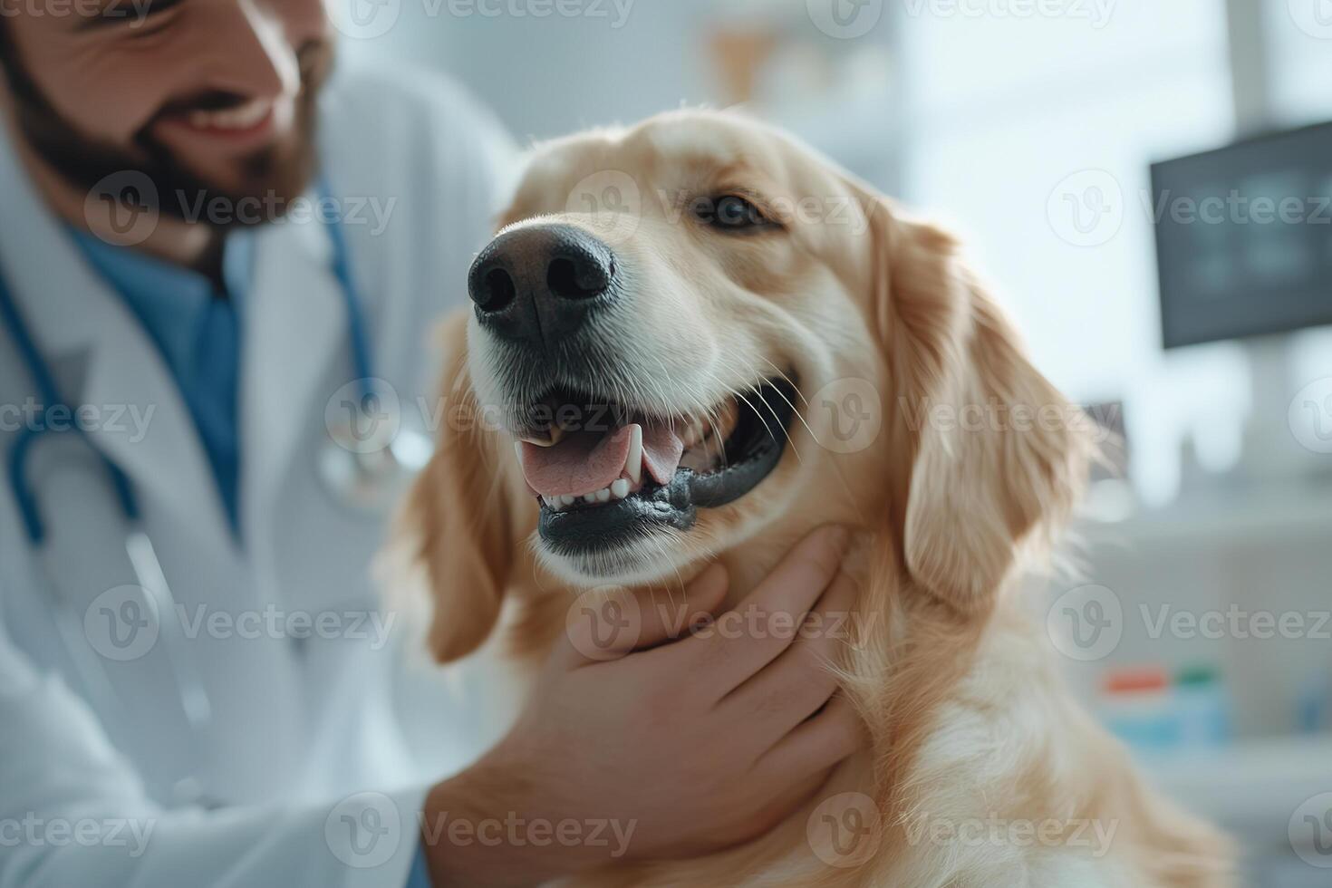 In a bright veterinary clinic, a veterinarian in a white coat gently examines a happy golden retriever while a pet owner watches. The atmosphere is warm and reassuring for pet healthcare photo