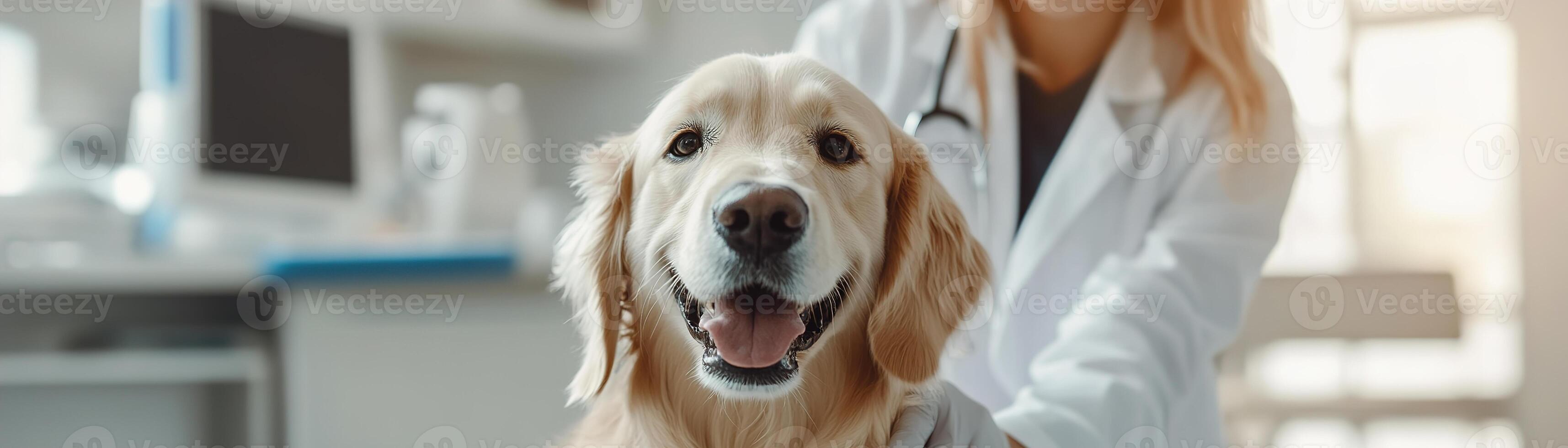 A professional veterinarian in a white coat examines a cheerful golden retriever in a bright veterinary clinic. The pet owner watches, creating a warm, reassuring atmosphere photo