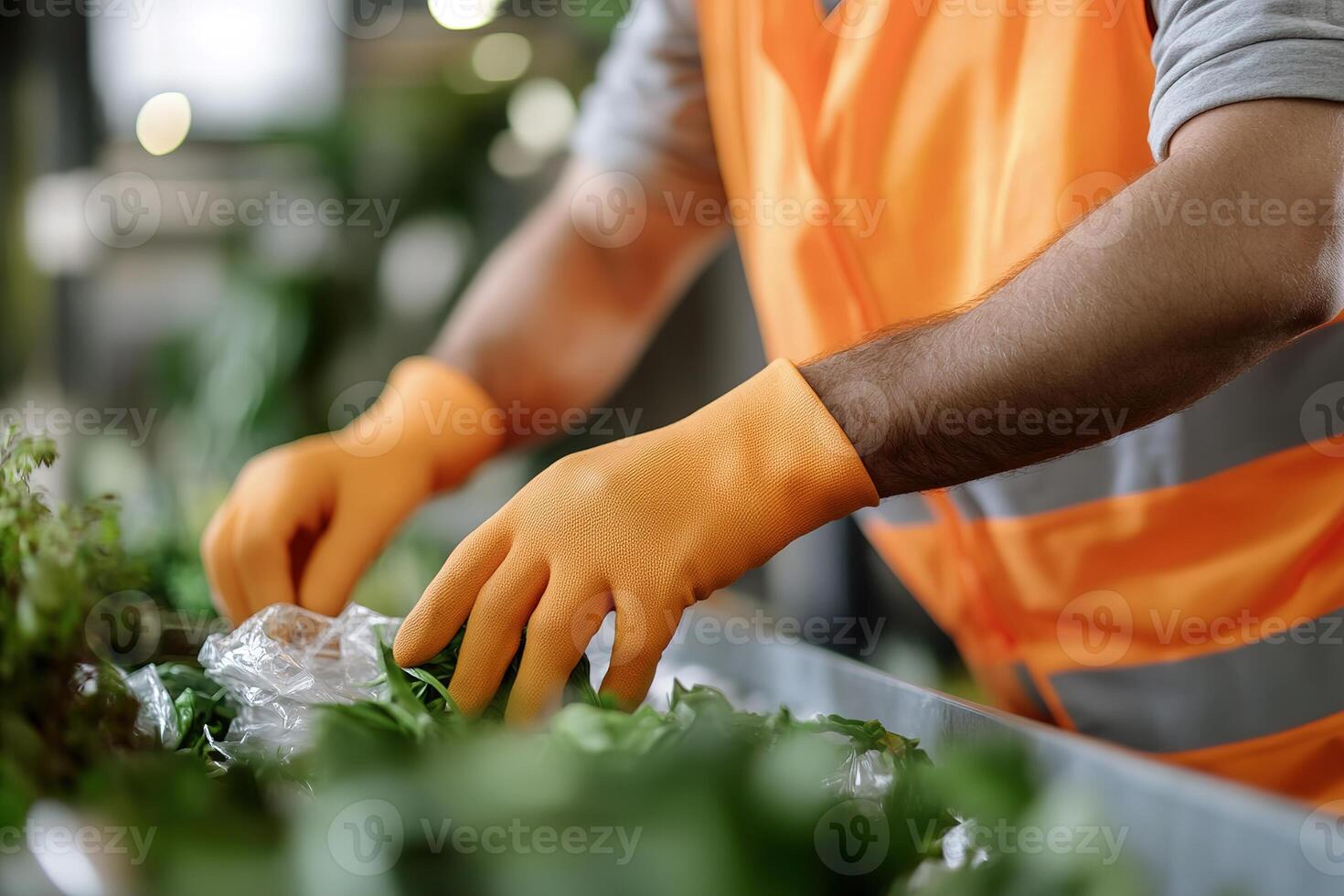 A recycling worker in a safety vest diligently sorts various recyclable materials into appropriately labeled bins. This activity promotes sustainability within a recycling center environment photo