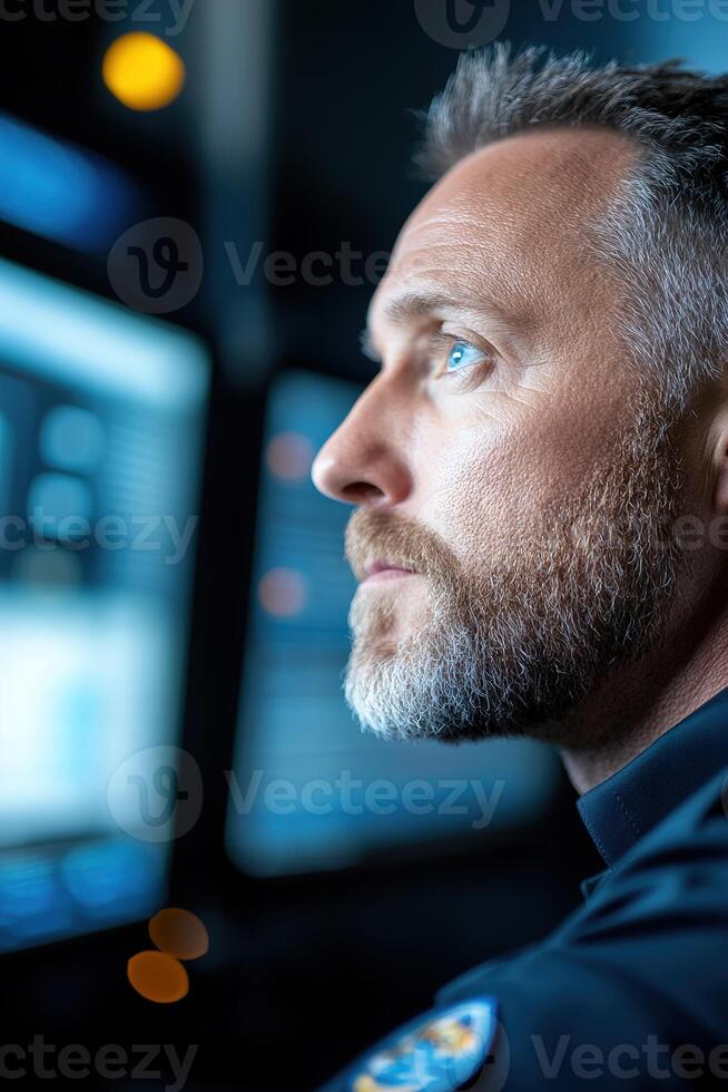 A professional security guard in a sleek uniform is closely monitoring multiple surveillance screens in a high-tech control room, ensuring safety and security photo