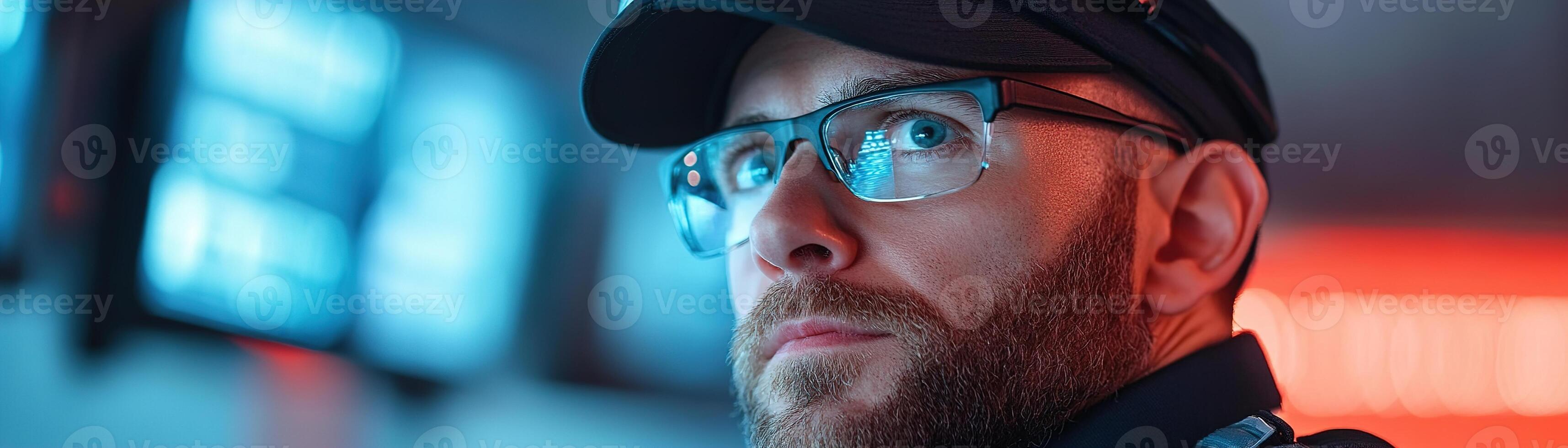 A security guard in a sleek uniform oversees multiple surveillance screens in a modern control room filled with advanced equipment. Focused on ensuring safety and security photo