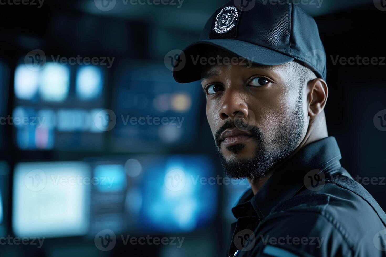 Sleekly dressed security guard attentively observes multiple surveillance screens in a control room filled with advanced technology. His focused expression showcases commitment to safety photo