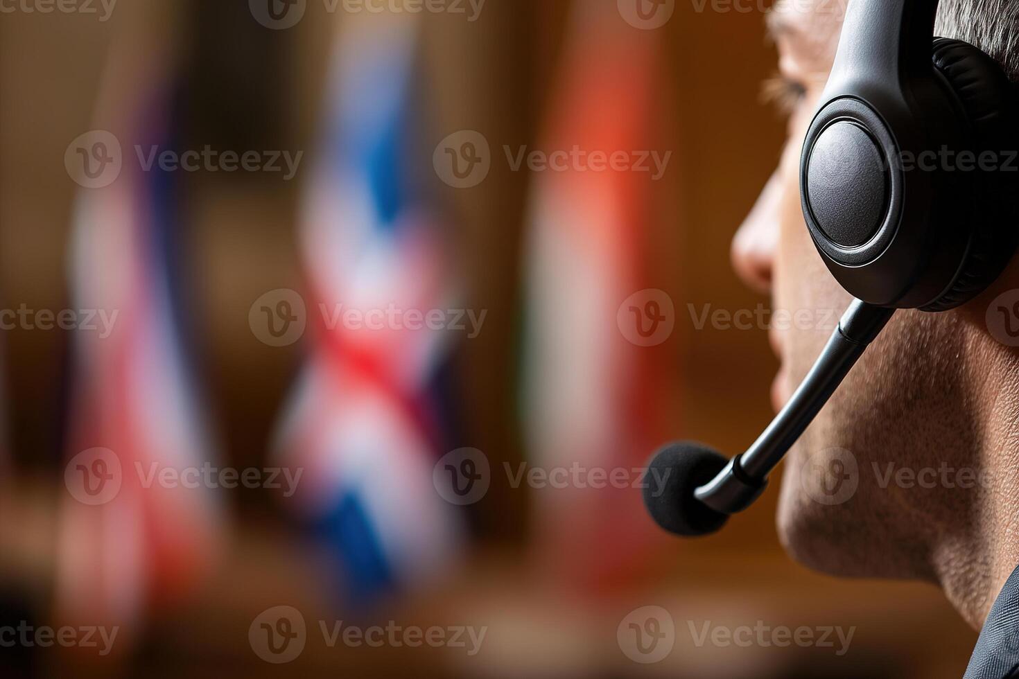 Interpreter wearing a headset speaks into a microphone in a conference room filled with business professionals and international flags, emphasizing quality multilingual communication photo