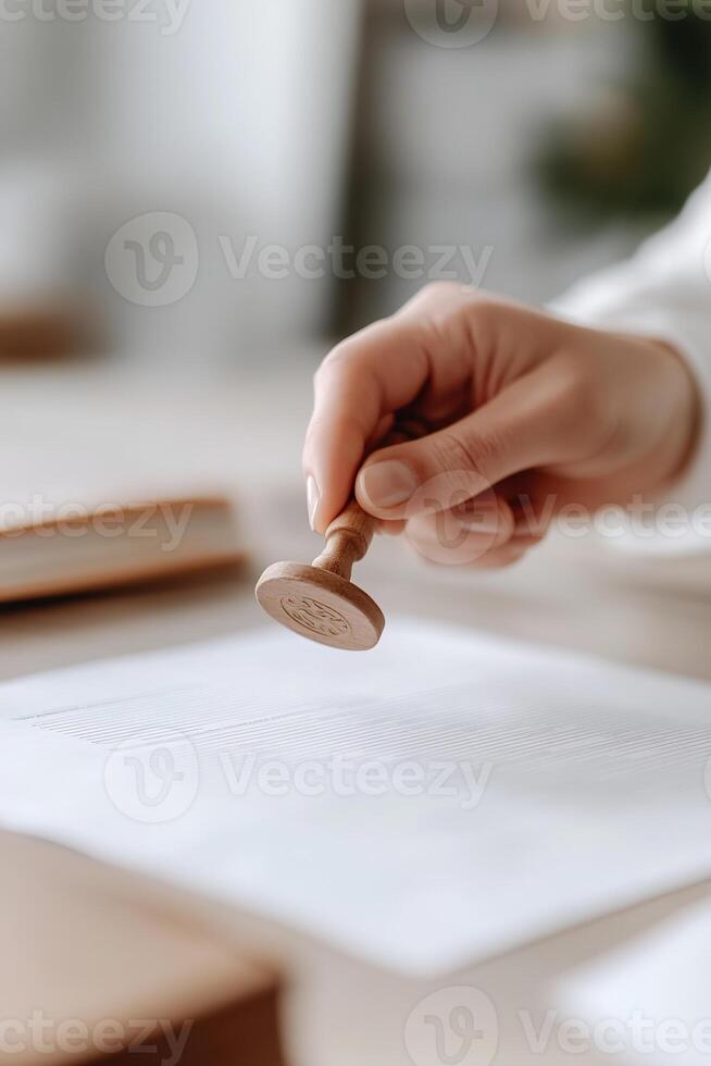 Professional notary consults with a client, reviewing paperwork in a modern office. The notary holds a stamp, surrounded by legal books and a well-organized workspace photo