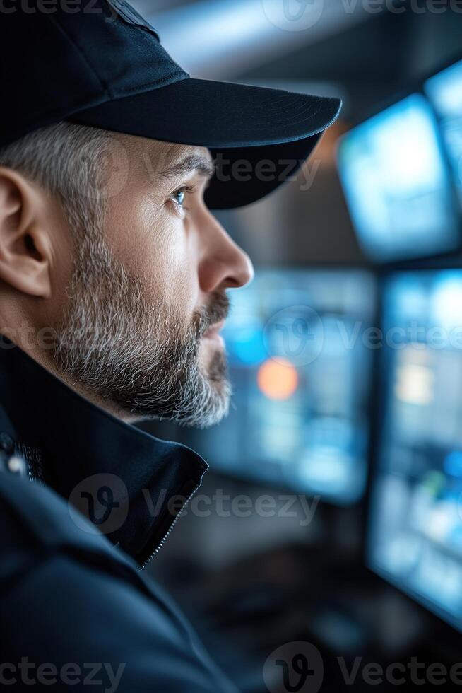 In a modern control room, a professional security guard in a sleek uniform focuses on surveillance screens photo