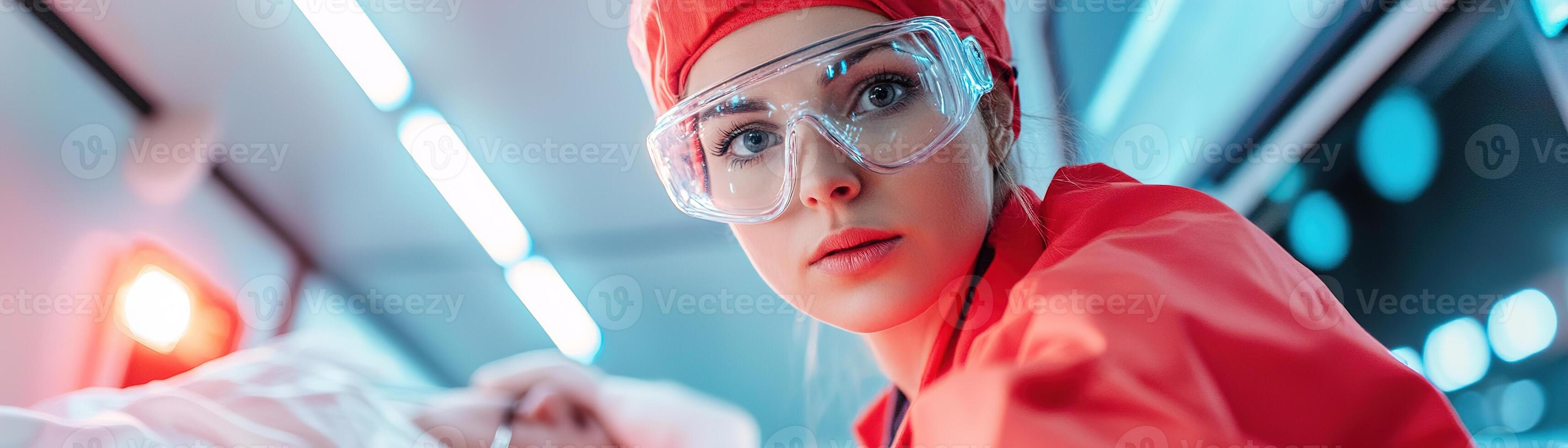 Paramedic in red uniform focuses on monitoring a patient's vitals inside a speeding ambulance, with flashing lights creating an urgent atmosphere. The background suggests rapid movement photo