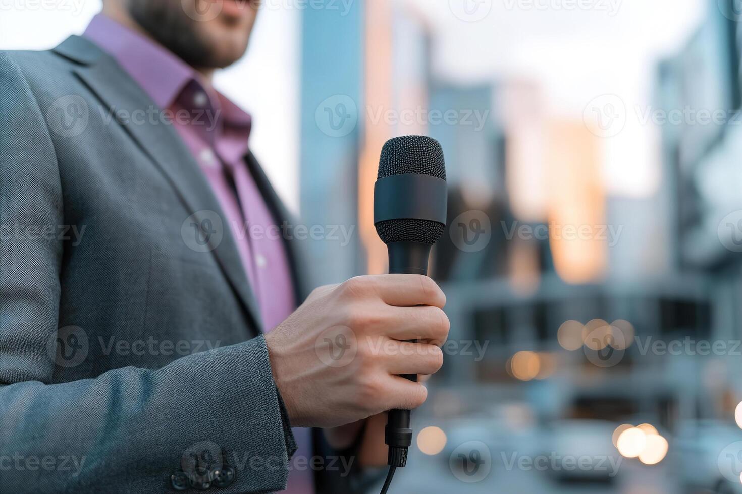 In a bustling urban environment, a news reporter in a stylish suit speaks assertively into a microphone, capturing the attention of viewers. The city skyline is softly blurred behind him photo