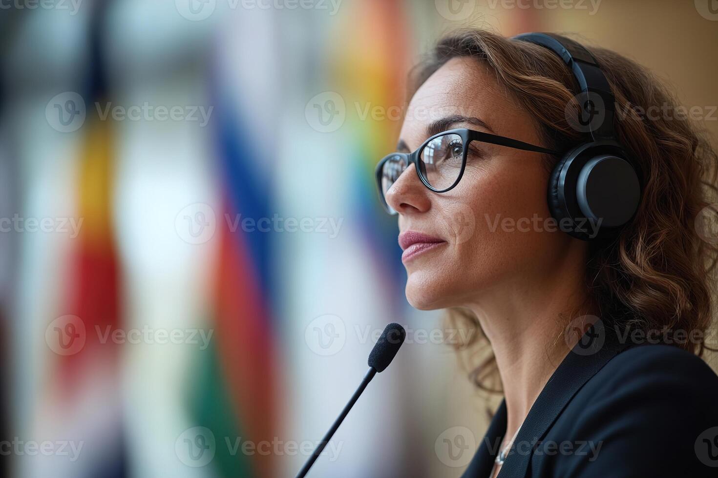 In a conference room, a skilled interpreter wearing a headset speaks into a microphone as business professionals gather around. The softly blurred background displays various international flags photo