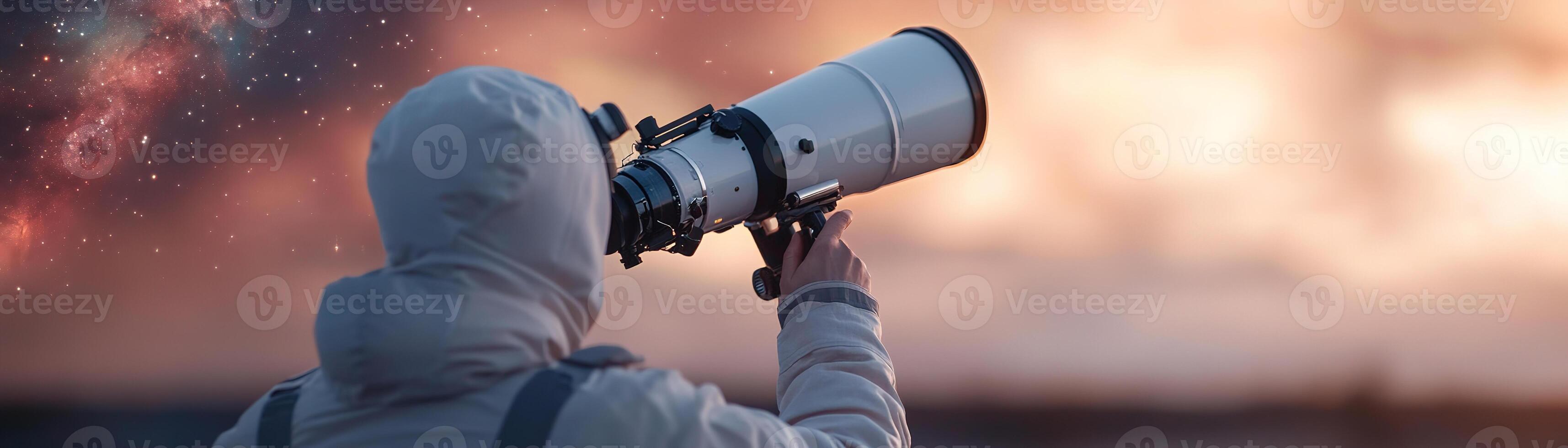 Beneath a dark starry sky, a professional astronomer carefully adjusts a large telescope, seeking out distant nebulae and constellations. The cosmic ambiance invites exploration photo