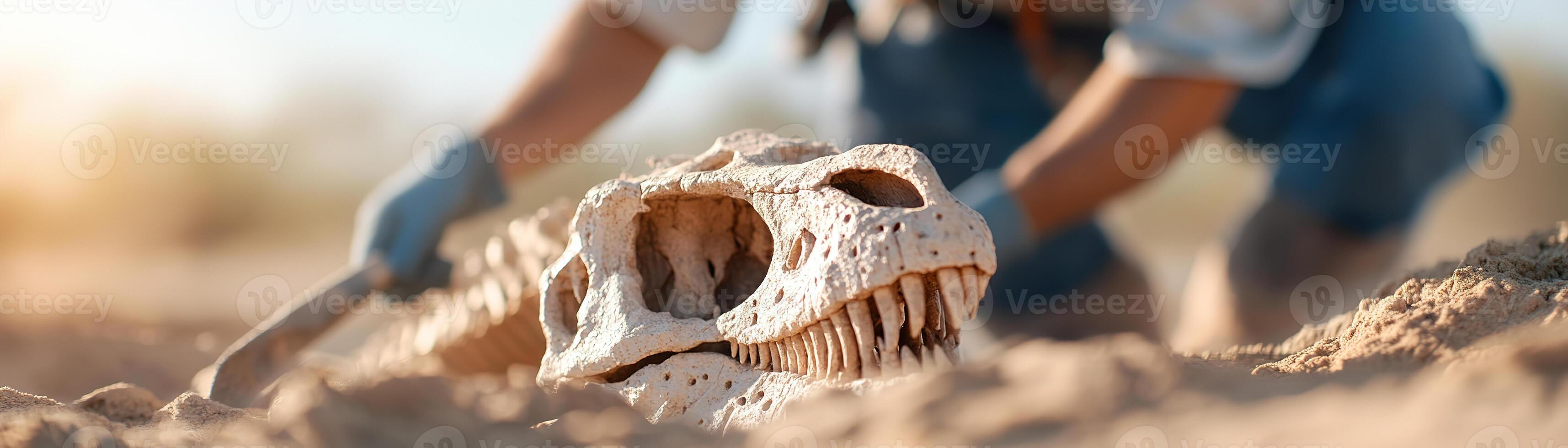 In a desert environment, a paleontologist kneels to closely examine a large dinosaur skull that is partially buried in the sand, with excavation tools visible nearby photo