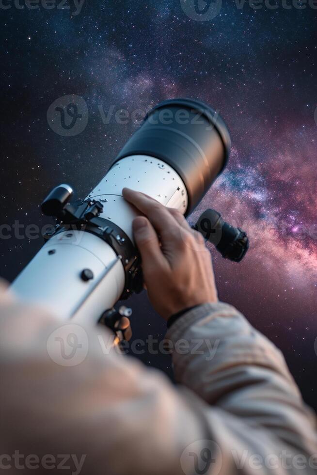 Under a dark starry sky, a skilled astronomer fine-tunes a large telescope aimed at distant nebulae and constellations. The cosmic environment inspires exploration photo