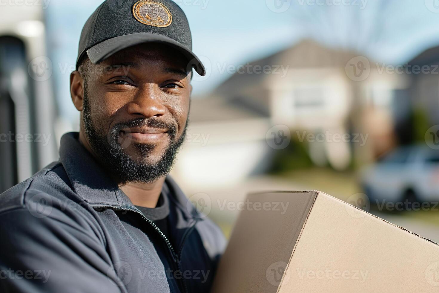 A professional mover in uniform smiles while holding a labeled cardboard box beside a moving truck in a friendly suburban area during daylight photo