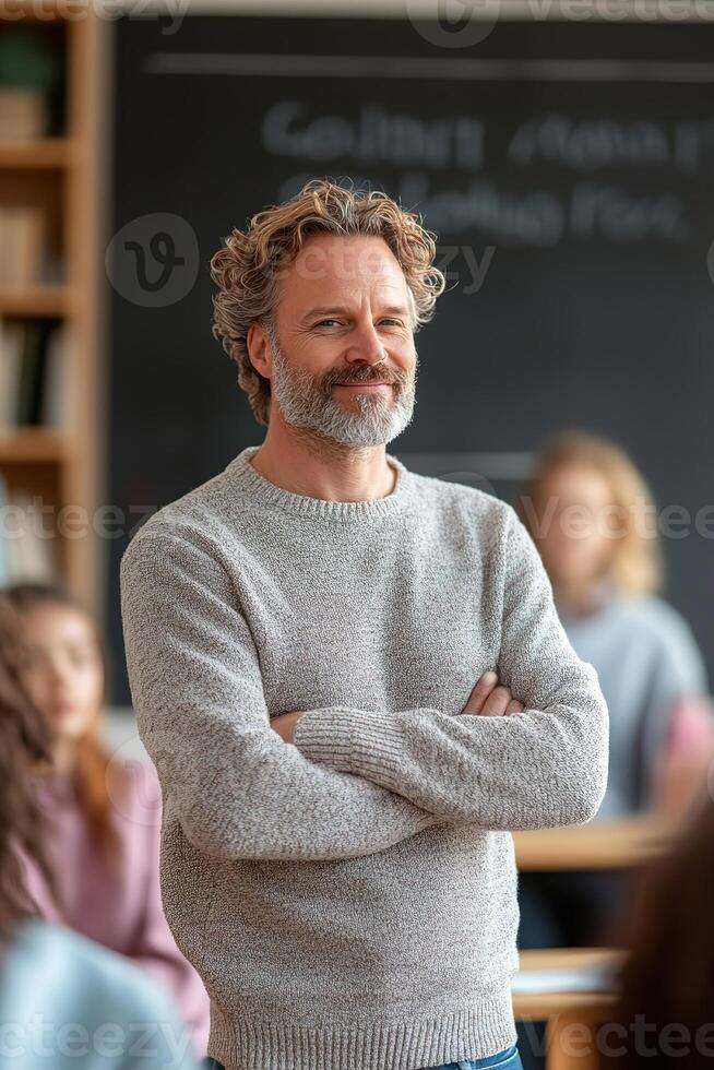 An enthusiastic teacher stands confidently at the front of a well-lit classroom, connecting with students. The atmosphere is inviting, filled with books and natural light photo