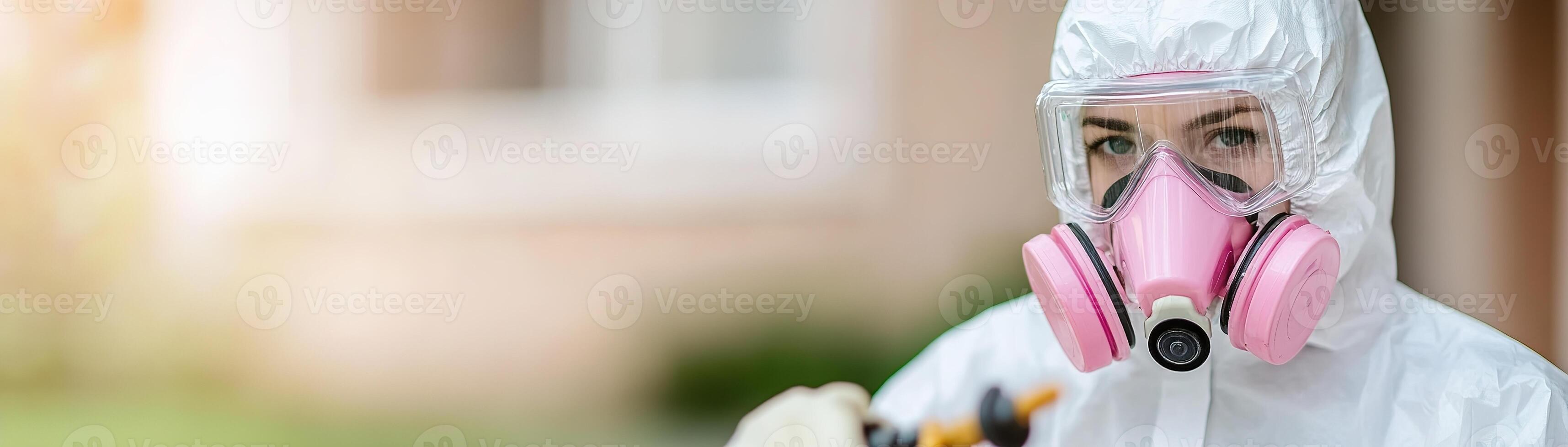 A pest control technician, dressed in protective gear, sprays eco-friendly solutions near the exterior of a home, ensuring a safe environment for residents and pets photo