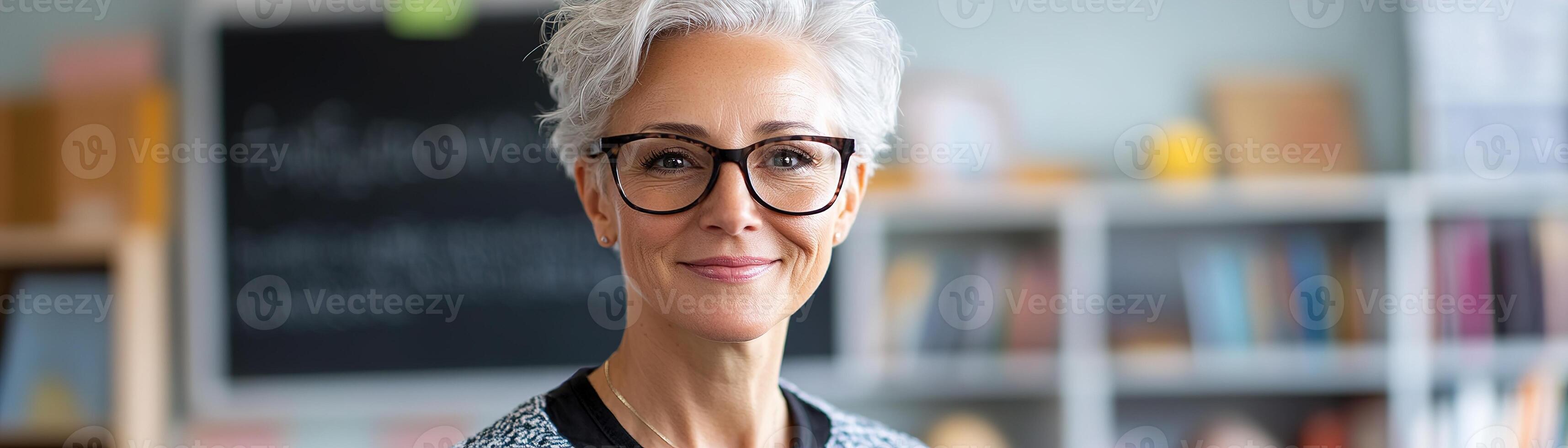 A passionate teacher stands at the front of a bright classroom, engaging her students with a warm smile. The environment is filled with books, a blackboard, and soft natural light photo