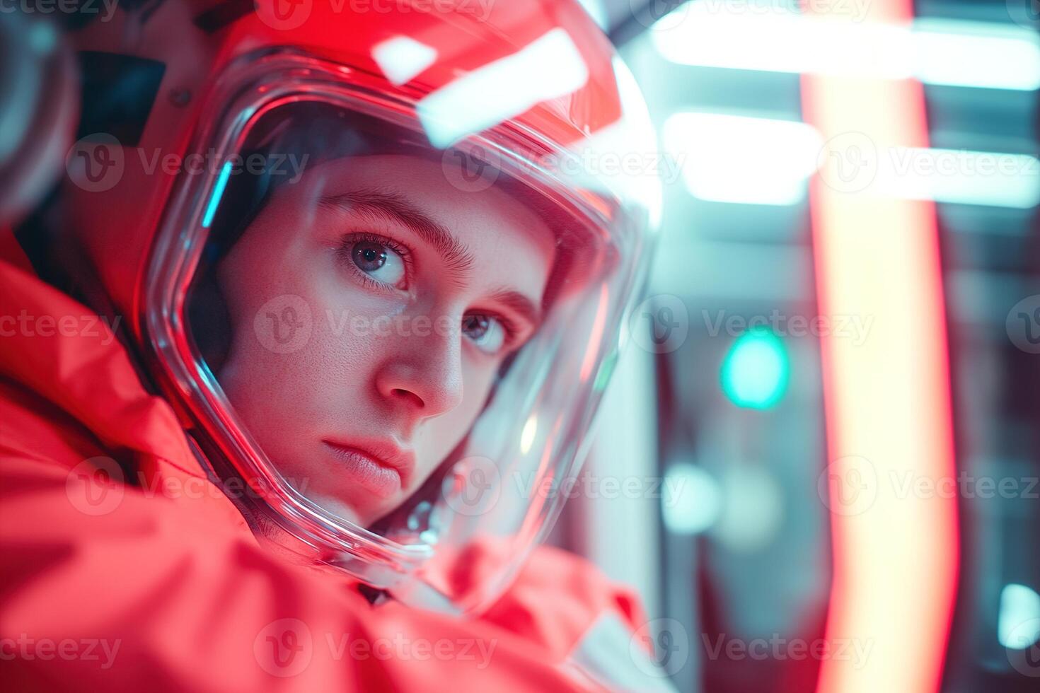 Inside an ambulance, a paramedic in a red uniform intently checks a patient's vitals. Emergency lights cast reflections on their face, emphasizing the urgency of the situation photo