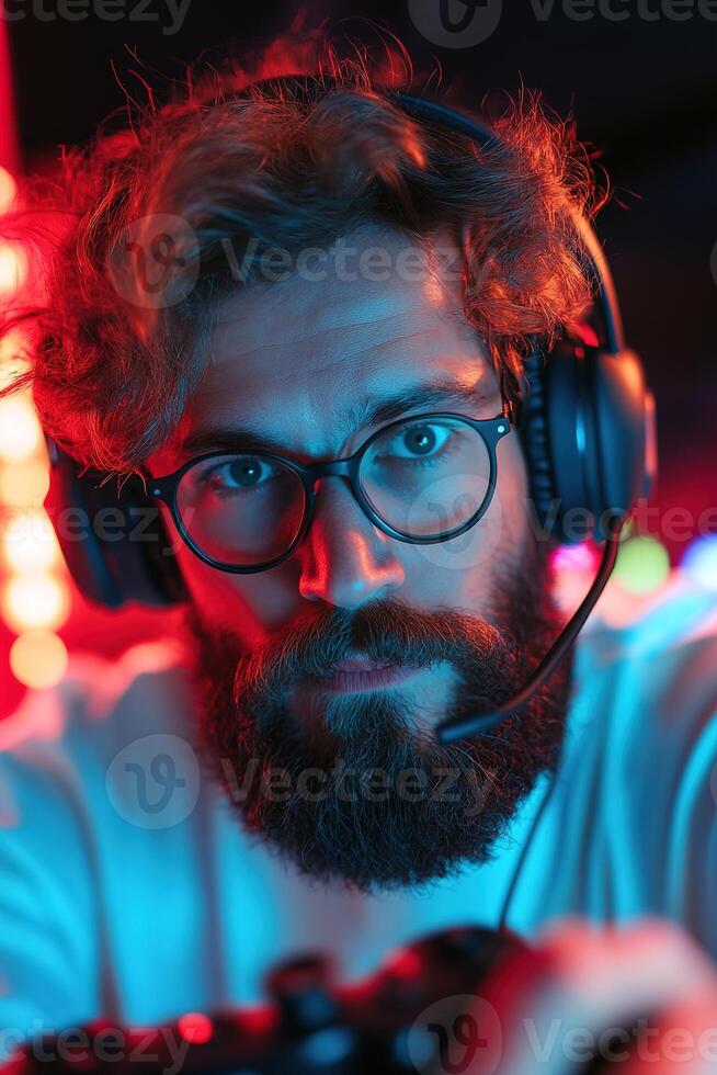 Concentrating deeply, a professional esports gamer engages with a controller while wearing a headset. The setup features glowing technology, adding to the immersive gaming experience photo