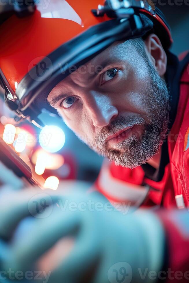 Inside an ambulance, a paramedic in a red uniform focuses on checking a patient's vitals while emergency lights cast vivid reflections. The atmosphere enhances the sense of urgency and action photo