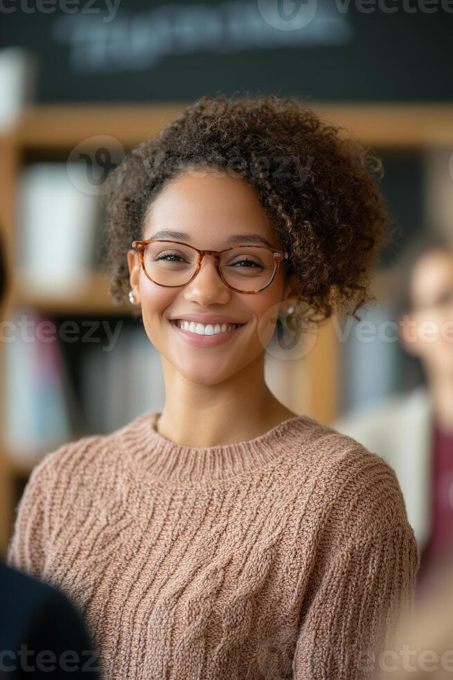 Teacher stands at the front of the classroom, interacting with students and radiating enthusiasm while surrounded by an inviting educational environment filled with soft lighting and bookshelves photo