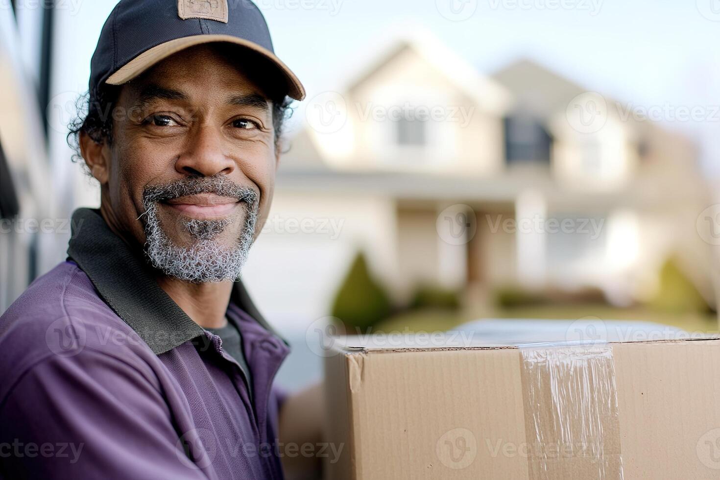 A professional mover in uniform smiles while carrying a labeled cardboard box photo