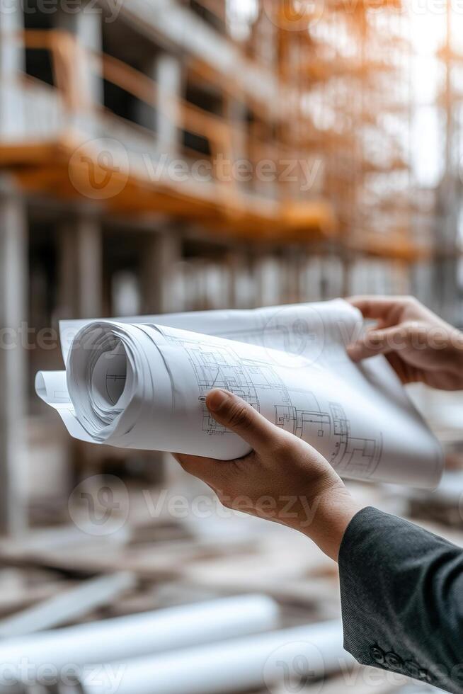A professional architect in a suit and hard hat holds blueprints while engaging with colleagues at a construction site. The environment features scaffolding and cranes, signaling active development photo