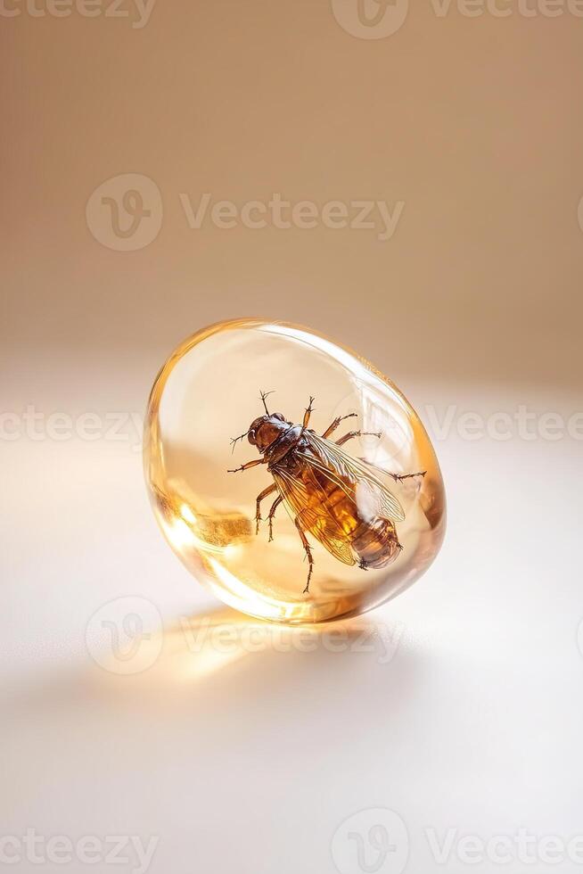 A stunning translucent amber gemstone reveals a perfectly preserved prehistoric insect inside, illuminated by soft, diffused light against a subtle beige background photo