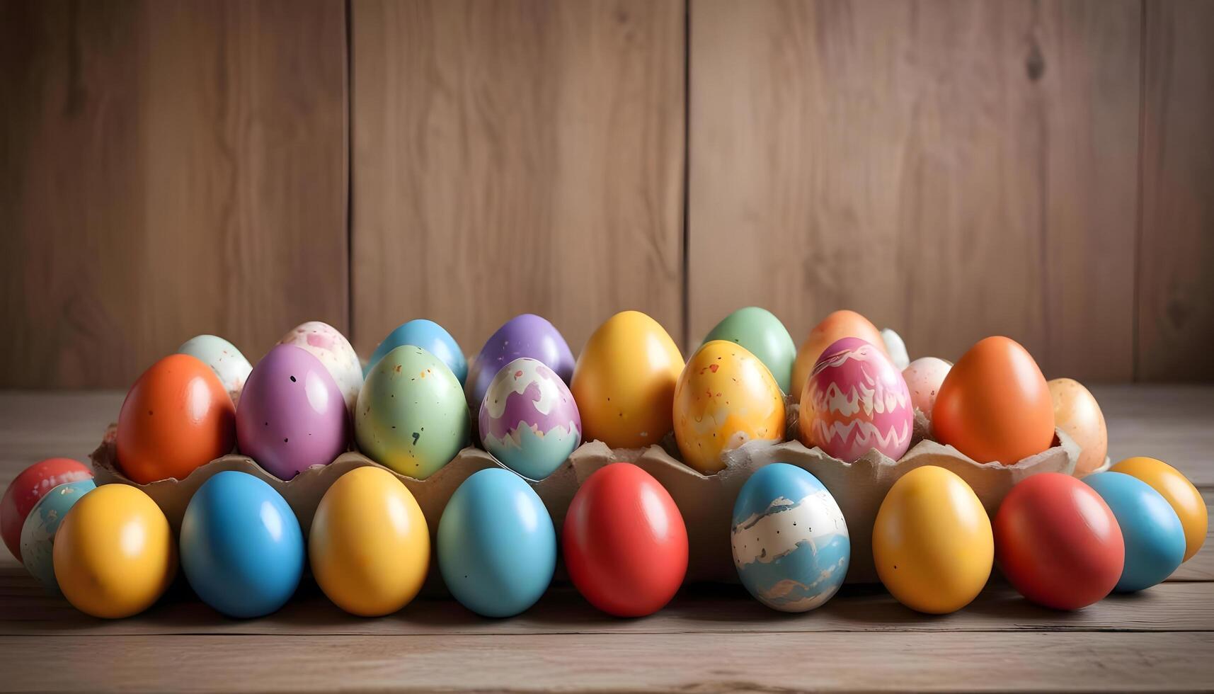 A collection of multicolored, decorated eggs placed in a cardboard egg tray photo