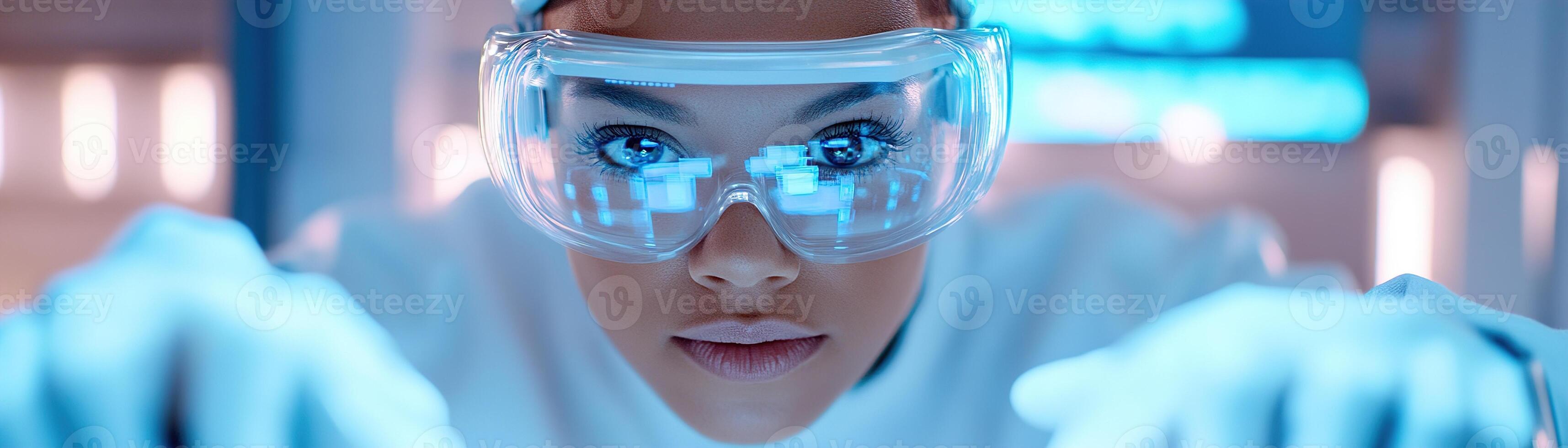 Engineer wearing safety goggles and gloves adjusts a robotic arm in a cutting-edge laboratory filled with glowing blue holographic screens, showcasing innovation and technology photo