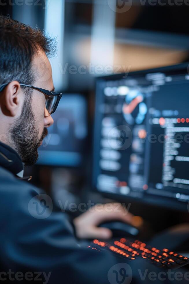 In a contemporary office, an IT technician focuses on fixing a desktop computer, reviewing data on a diagnostic screen surrounded by digital monitors and tech equipment photo