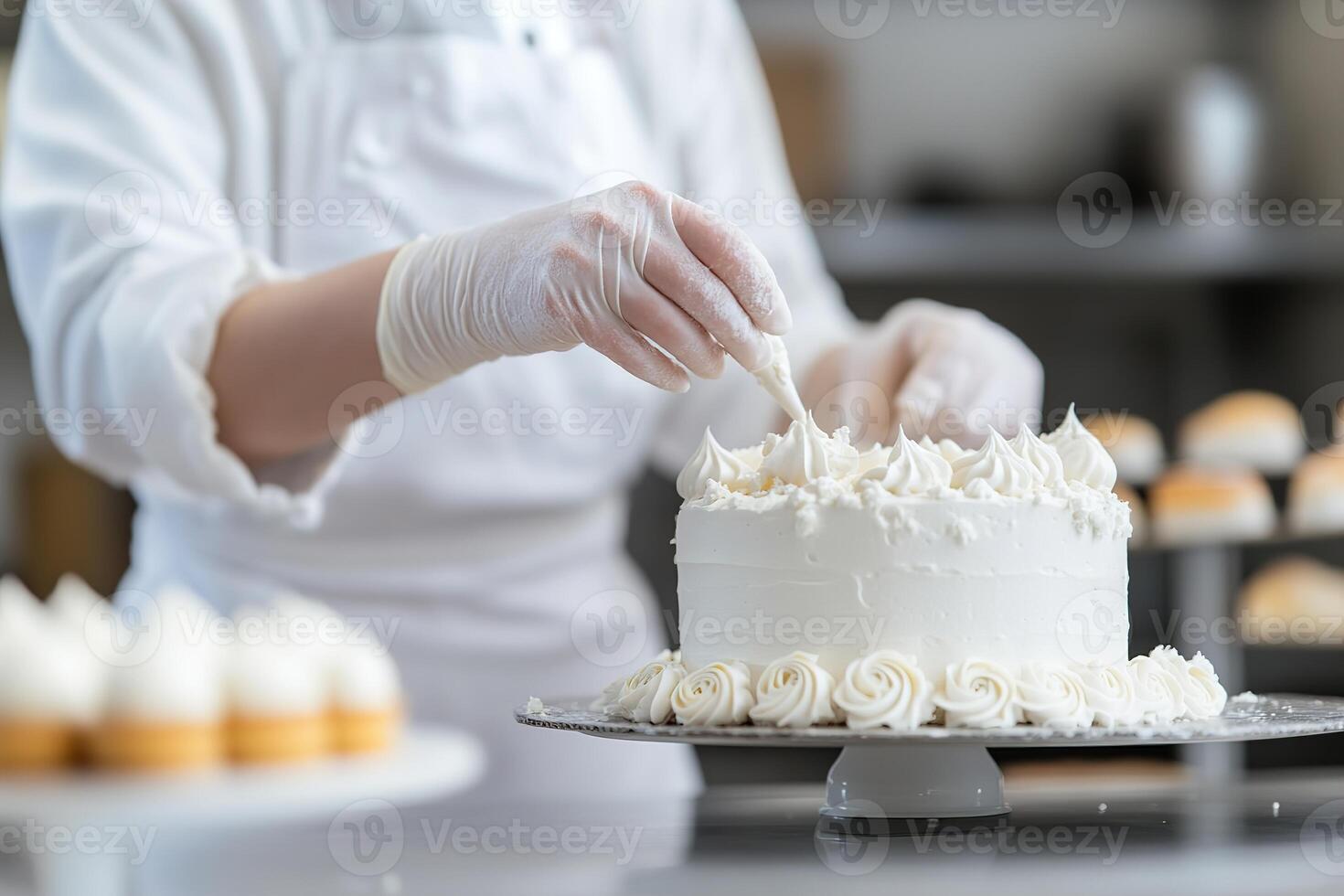 In a busy bakery kitchen, a skilled pastry chef in a white uniform meticulously pipes decorative frosting on a white cake while surrounded by trays of delicious pastries photo