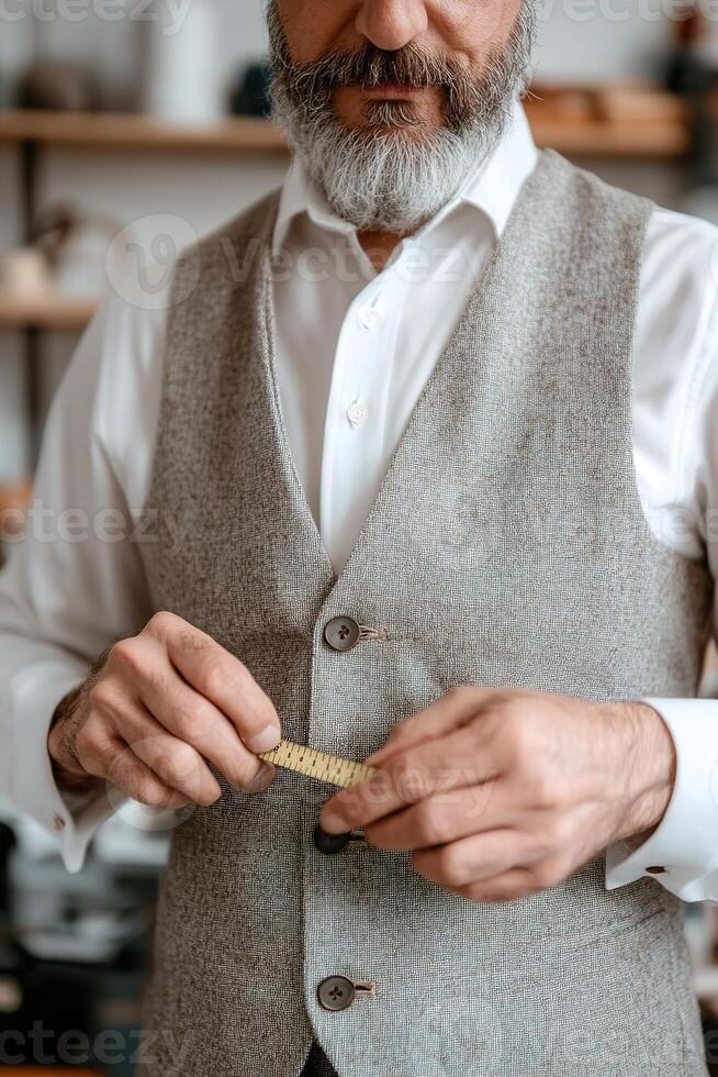 A skilled tailor in a classic vest meticulously measures fabric with a tape measure. The workshop is adorned with sewing tools, mannequins, and vintage sewing machines, creating a timeless atmosphere photo