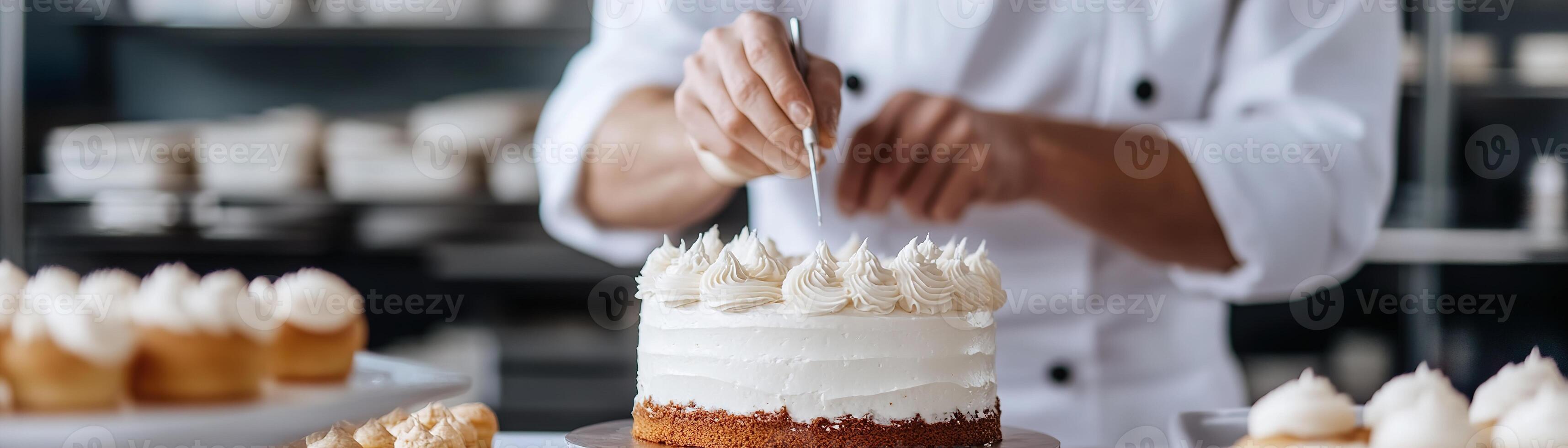 Professional pastry chef in a white uniform meticulously pipes delicate frosting designs onto a cake. The bakery kitchen is softly blurred, showcasing various pastries around photo