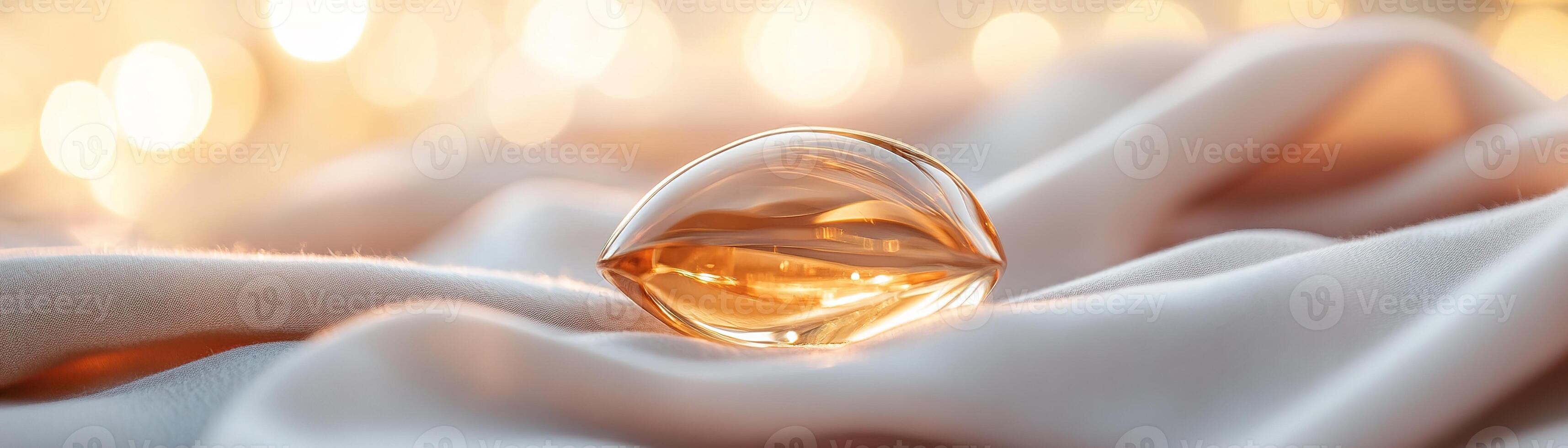 A polished amber gemstone glistens on plush velvet, bathed in the gentle flicker of candlelight. The warm hues create an intimate atmosphere ideal for luxury design elements photo