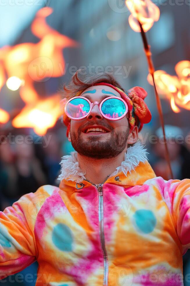 Juggler in a colorful costume enthralls an audience with impressive fire juggling skills during a lively city festival filled with lights and excitement photo