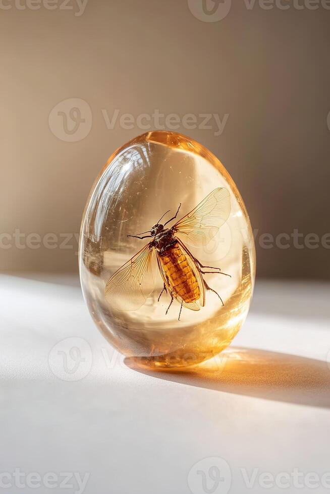Translucent amber gem features a prehistoric insect carefully preserved inside, illuminated gently by soft light. The neutral beige backdrop enhances its scientific and luxurious appeal photo