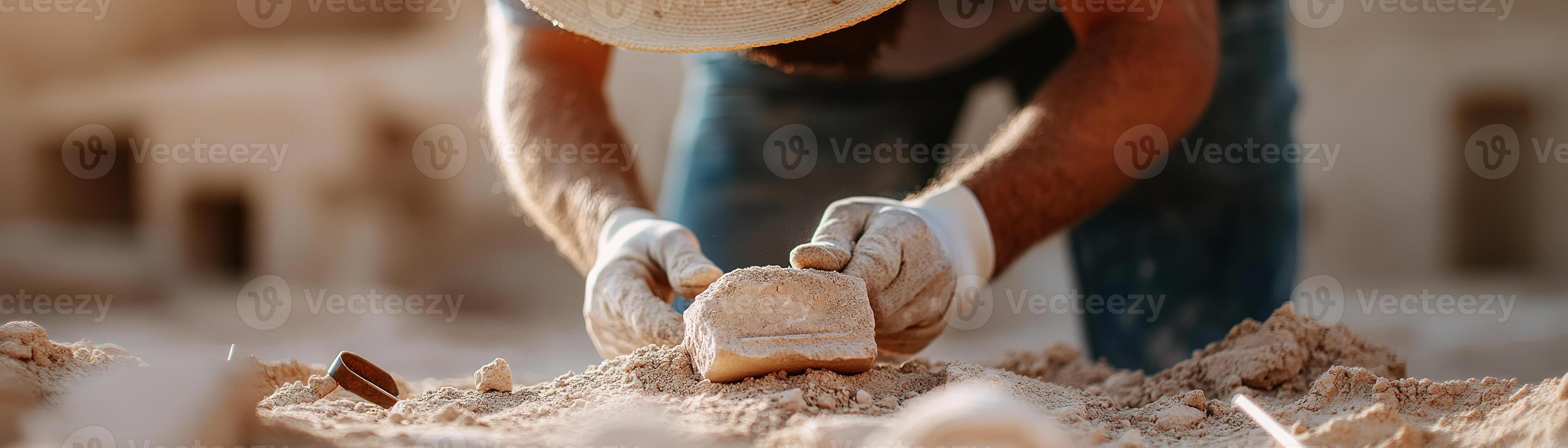 An archaeologist focuses intently as they brush away sand from a historical artifact in a desert excavation. The ruins and tools hint at a rich past of discovery and adventure photo