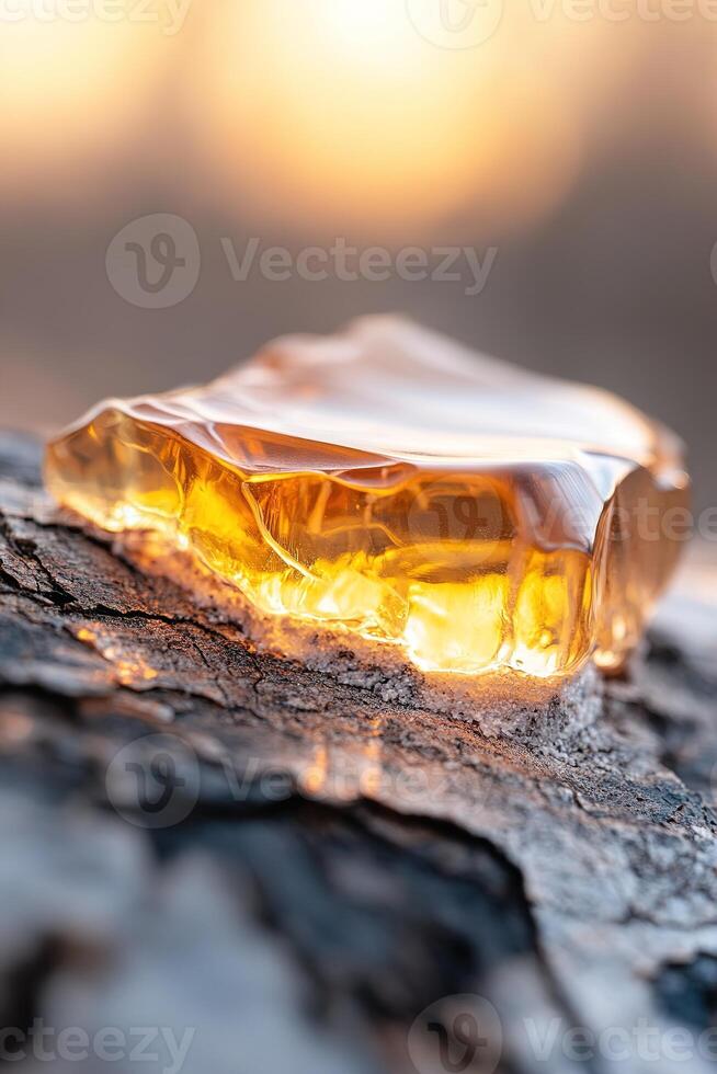 Thick amber resin seeps from rough tree bark, glistening in sunlight. The natural backdrop features soft earth tones, creating an eco-friendly ambiance perfect for organic product appeal photo